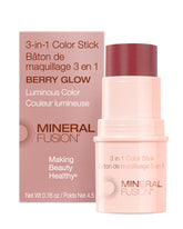 Mineral Fusion Color Stick Berry Glow tube swatch shows buildable, hydrating color for cheeks