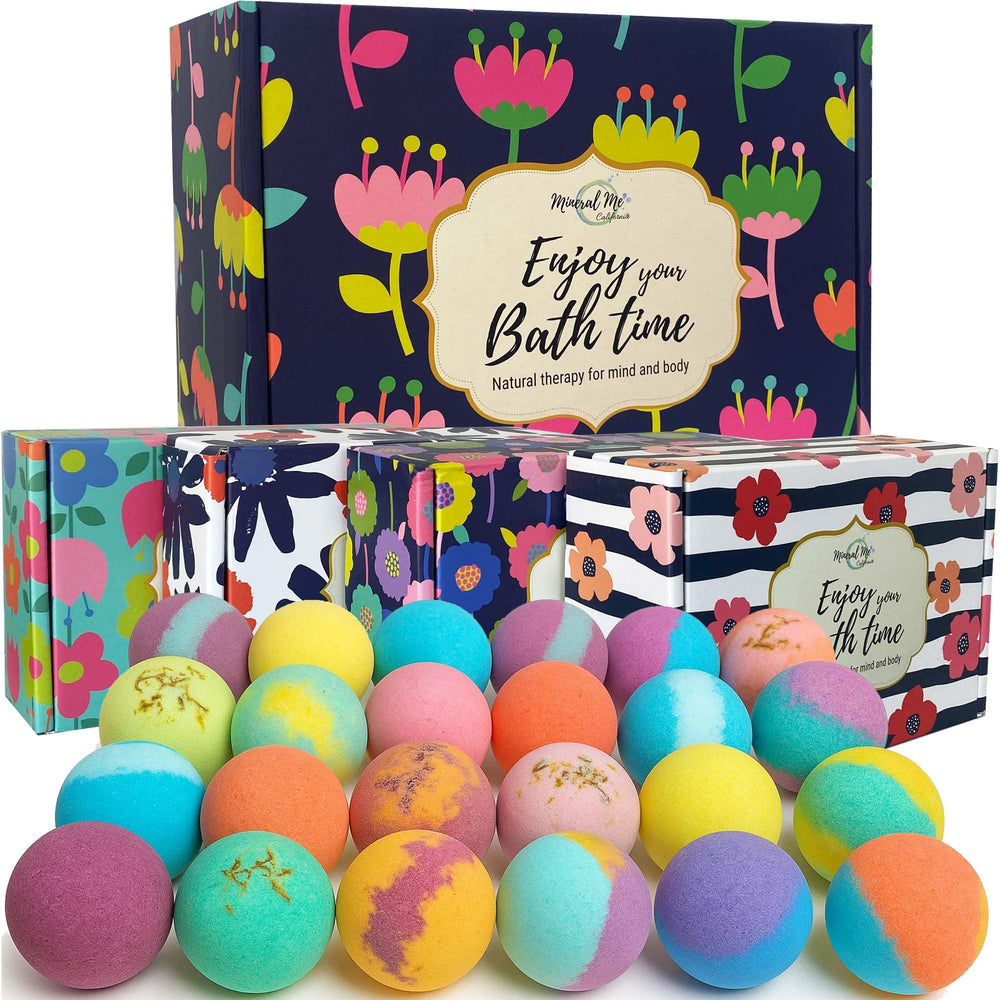 Mineral Me California bath bombs gift set 24-pack in gift-ready packaging for spa-like relaxation