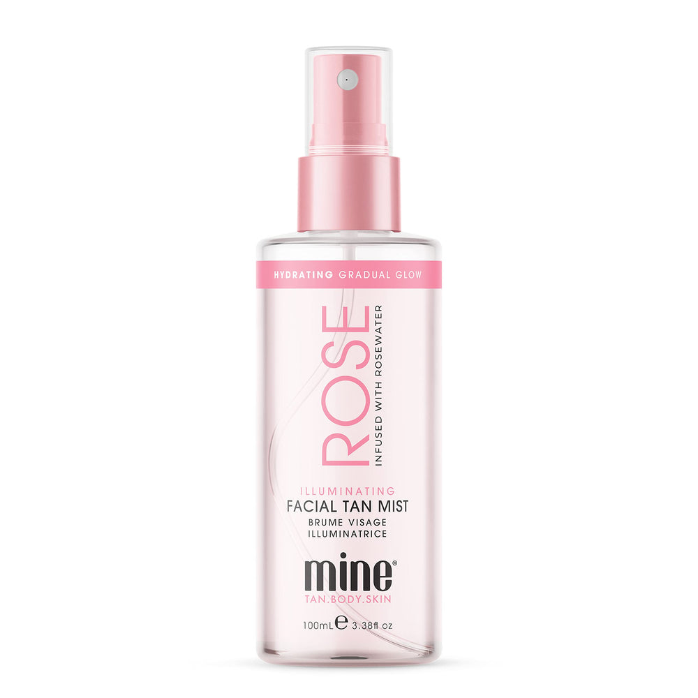 MINETAN BODY.SKIN Rose Face Tan Mist bottle offers gradual tan with hydrating rosewater for a natural glow.