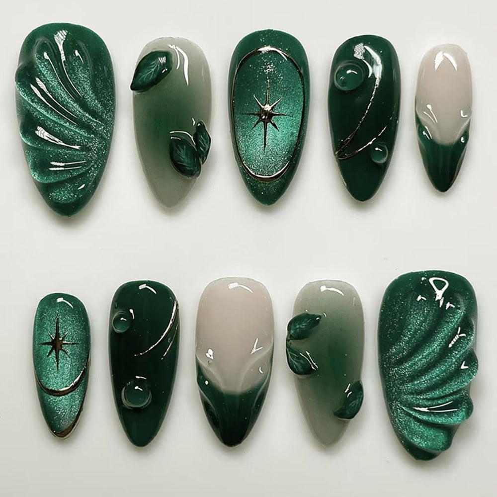 MINGCHUN glitter green short almond nails ready for weekend glamour