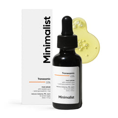 Minimalist tranexamic acid serum bottle image showing a solution for addressing discoloration and uneven tone.