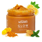 Minimo Glow Turmeric Face Scrub packshot showcases radiant skin glow for all skin types.