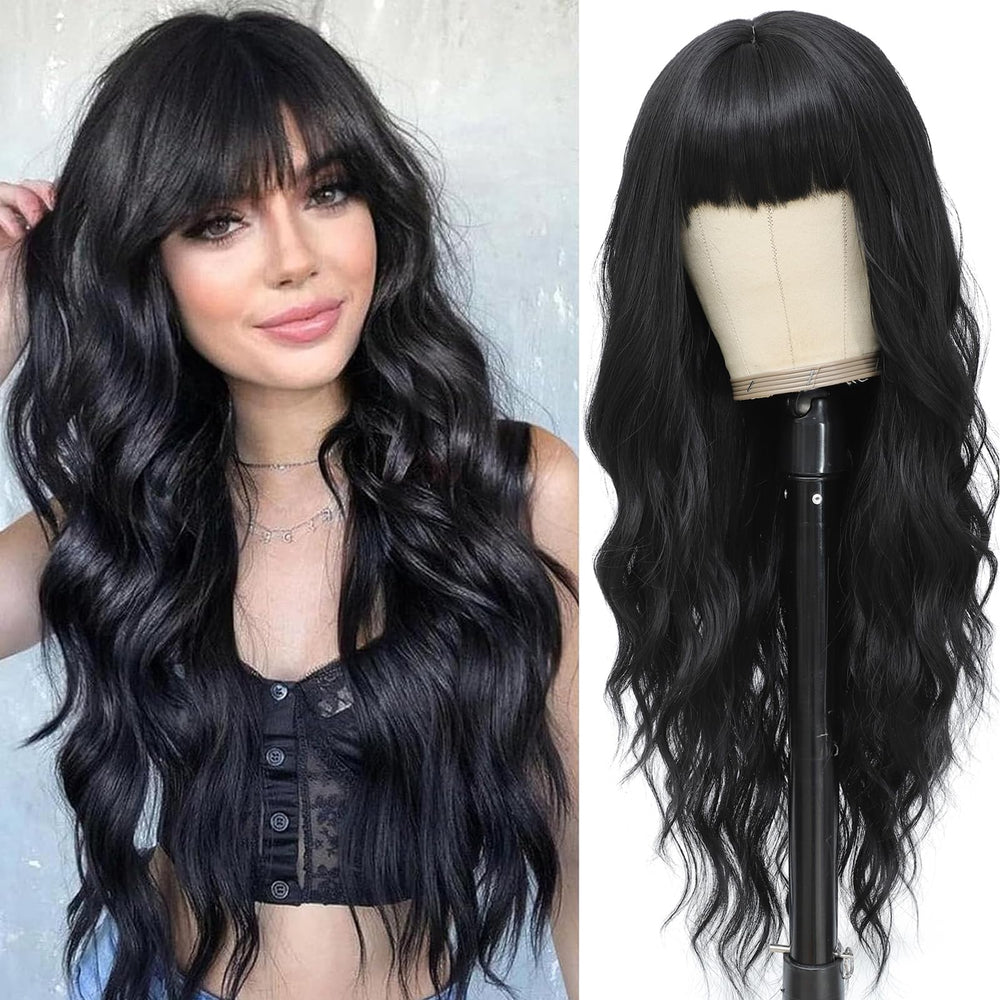 MINSEEYOO black wig with bangs 26in long waves for daily styling