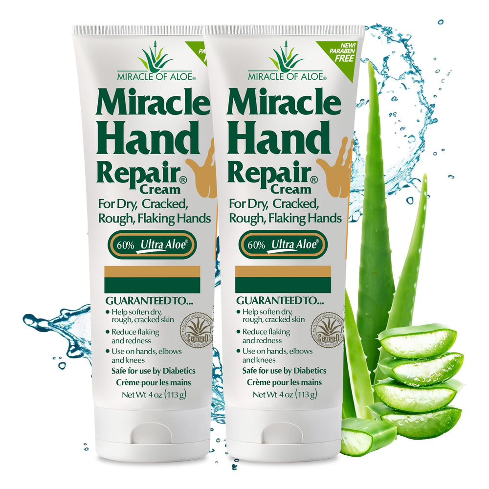 Miracle of Aloe hand repair cream bottle front demonstrating deep hydration for dry hands