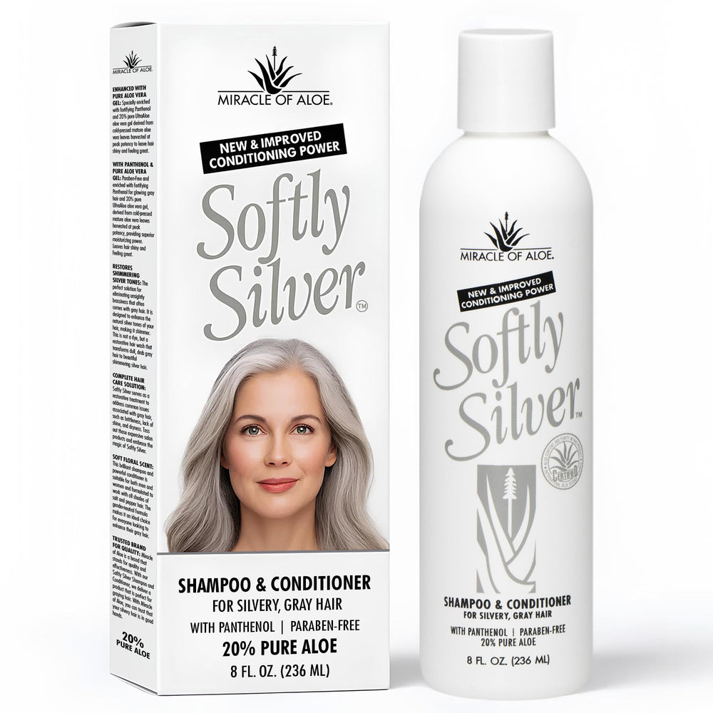 Miracle of Aloe Softly Silver shampoo bottle highlights brighter gray hair shine.