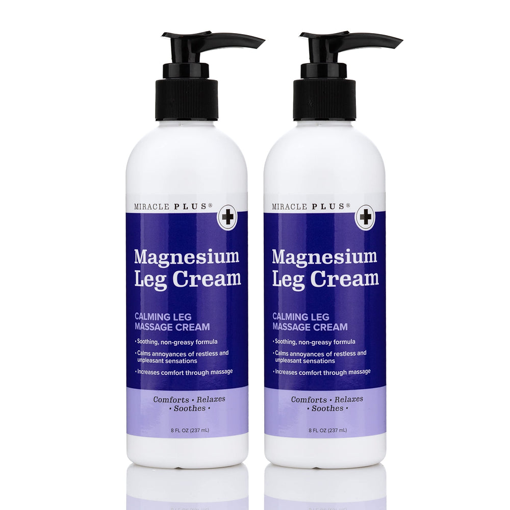 Miracle Plus Magnesium Cream bottle highlights targeted leg relief and soothing moisture.