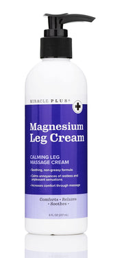 Miracle Plus magnesium cream tub closeup for leg relief and skin nourishment.