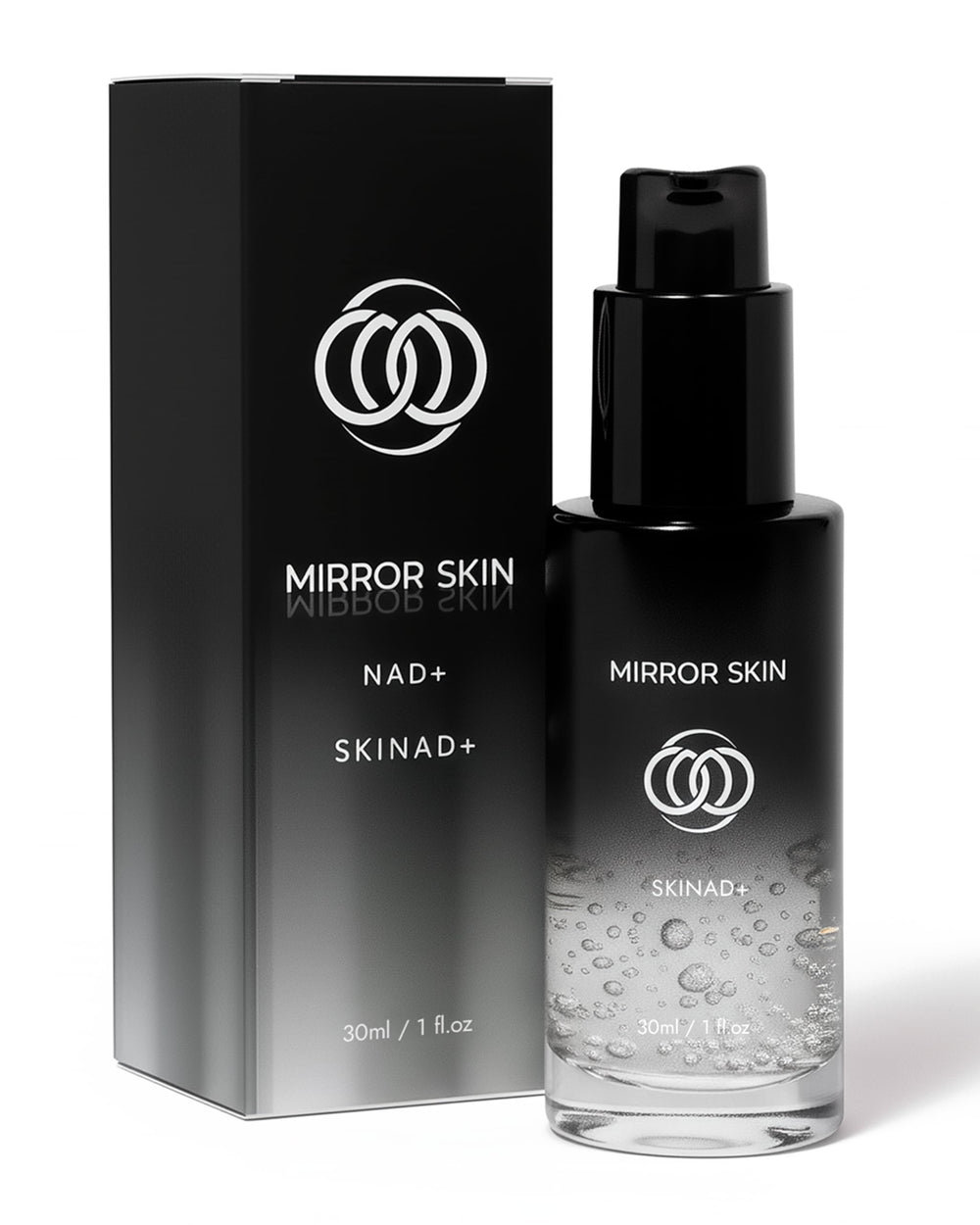 MIRROR SKIN SKINAD+ serum bottle ready for daily energy and radiance.