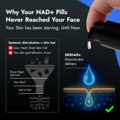 MIRROR SKIN SKINAD+ serum closeup shows stabilized NAD+ for skin vitality.
