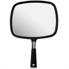 Mirrorvana large hand mirror with comfy handle in black offers precise back-of-head visibility for styling.