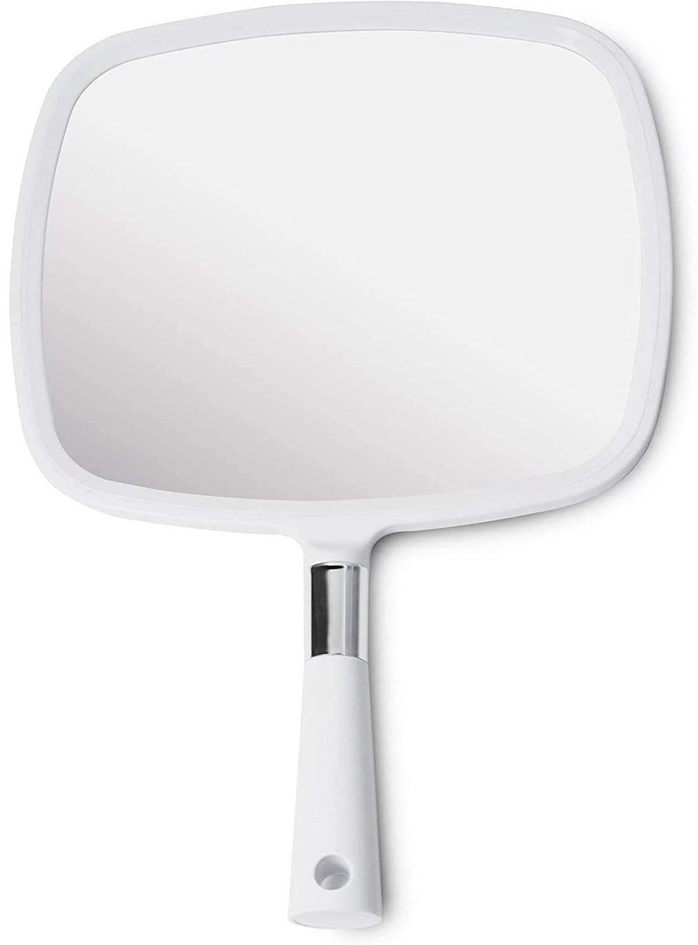 Mirrorvana large handheld mirror white front view for fast grooming and back-head visibility.