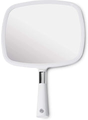 Mirrorvana large handheld mirror white front view for fast grooming and back-head visibility.