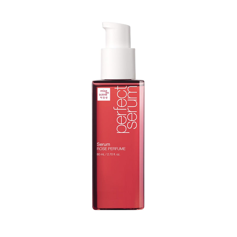 Mise En Scene Perfect Rose Serum bottle closeup showing nourishing argan oil blend.