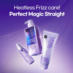 Mise En Scene Perfect Serum Magic Straight application-hands demonstrates quick, weightless frizz control.