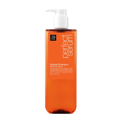 Mise En Scene Perfect Serum Original Shampoo bottle shows nourishing formula for healthier curls.