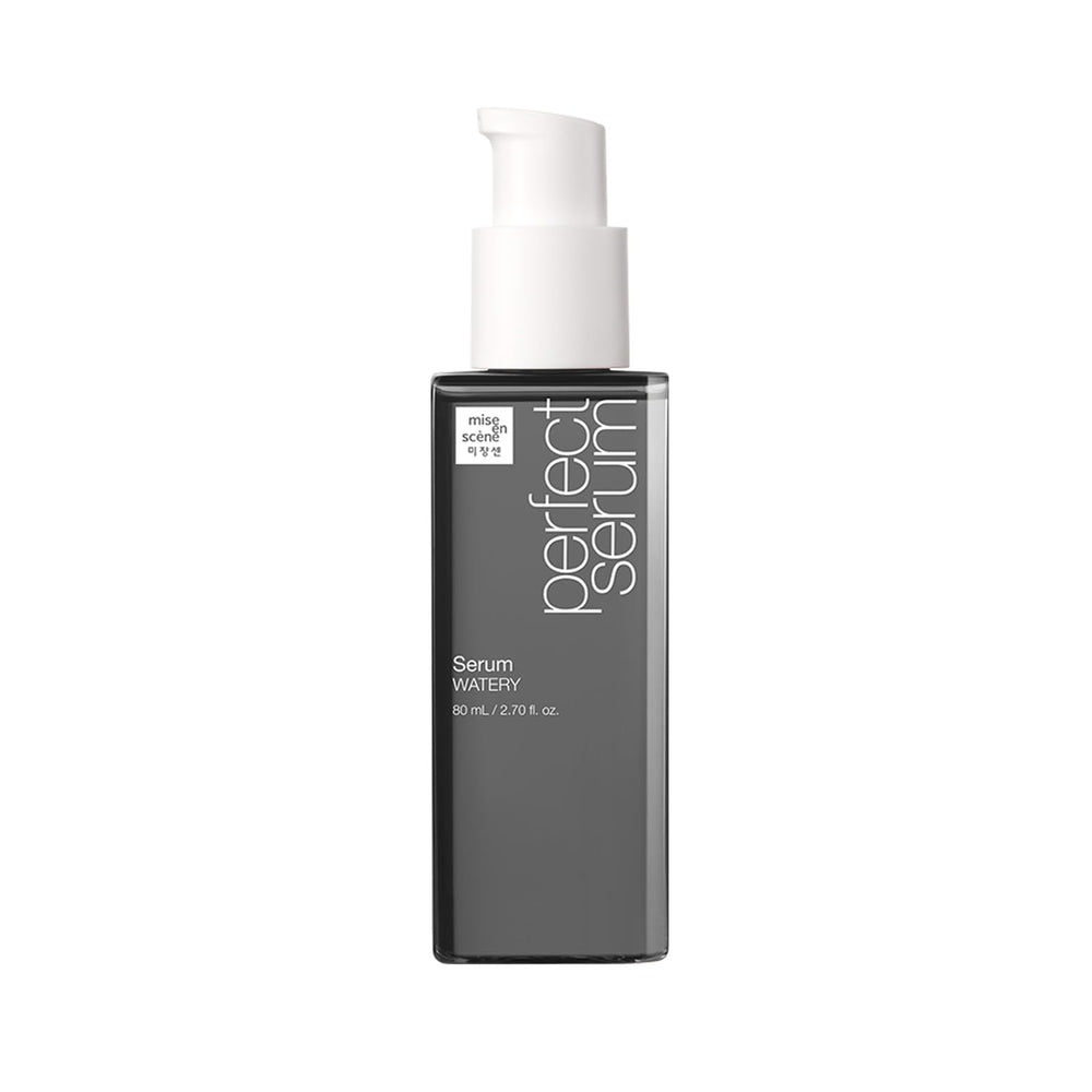 Mise En Scene Perfect Serum Watery bottle front shows lightweight hydration for fine hair.