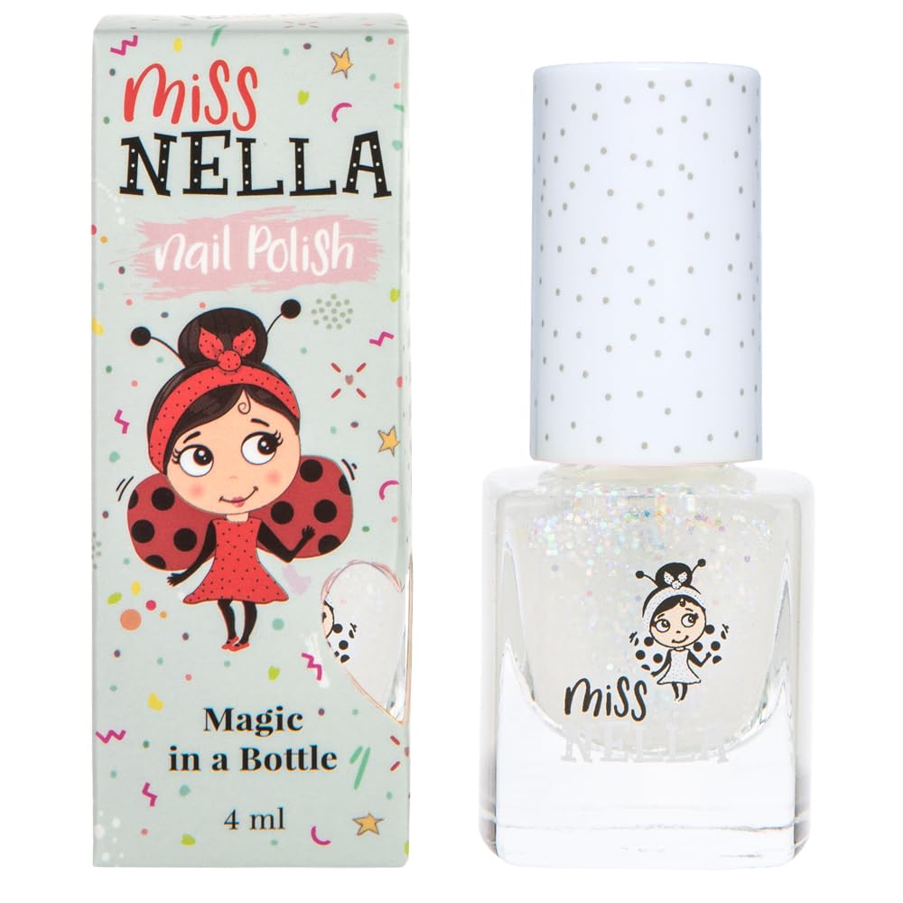 MISS NELLA Confetti Clouds bottle front showing clear glitter polish for kid-safe, playful nail art