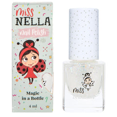 MISS NELLA Confetti Clouds bottle front showing clear glitter polish for kid-safe, playful nail art