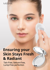 MISSHA Airy Pot pressed powder natural matte finish on skin for a seamless look.