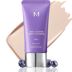 MISSHA M Perfect Cover Serum BB Cream No.13 packaging closeup for easy daily glow.