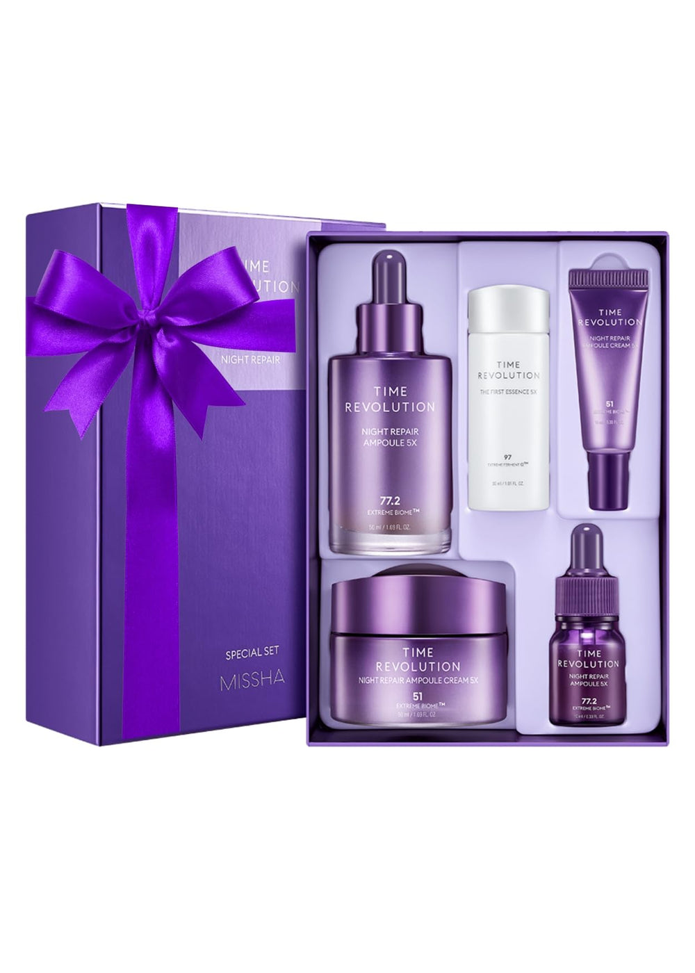 MISSHA Time Revolution Night Repair 5X ampoule bottle highlights sleek overnight hydration for skin