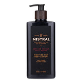 Mistral Bourbon Vanilla Body Lotion bottle front shows premium men's moisturizer for daily hydration.