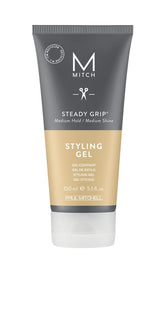 MITCH Steady Grip bottle closeup shows medium-hold gel for all hair types.