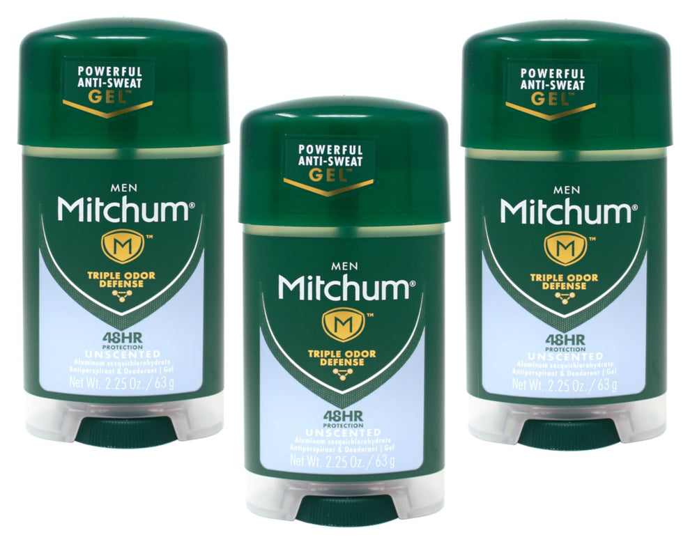 Mitchum clear gel unscented for men, three-pack, front view for everyday protection.