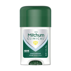Mitchum Clinical Soft Solid Deodorant Stick packaging close-up highlights easy-to-use design.