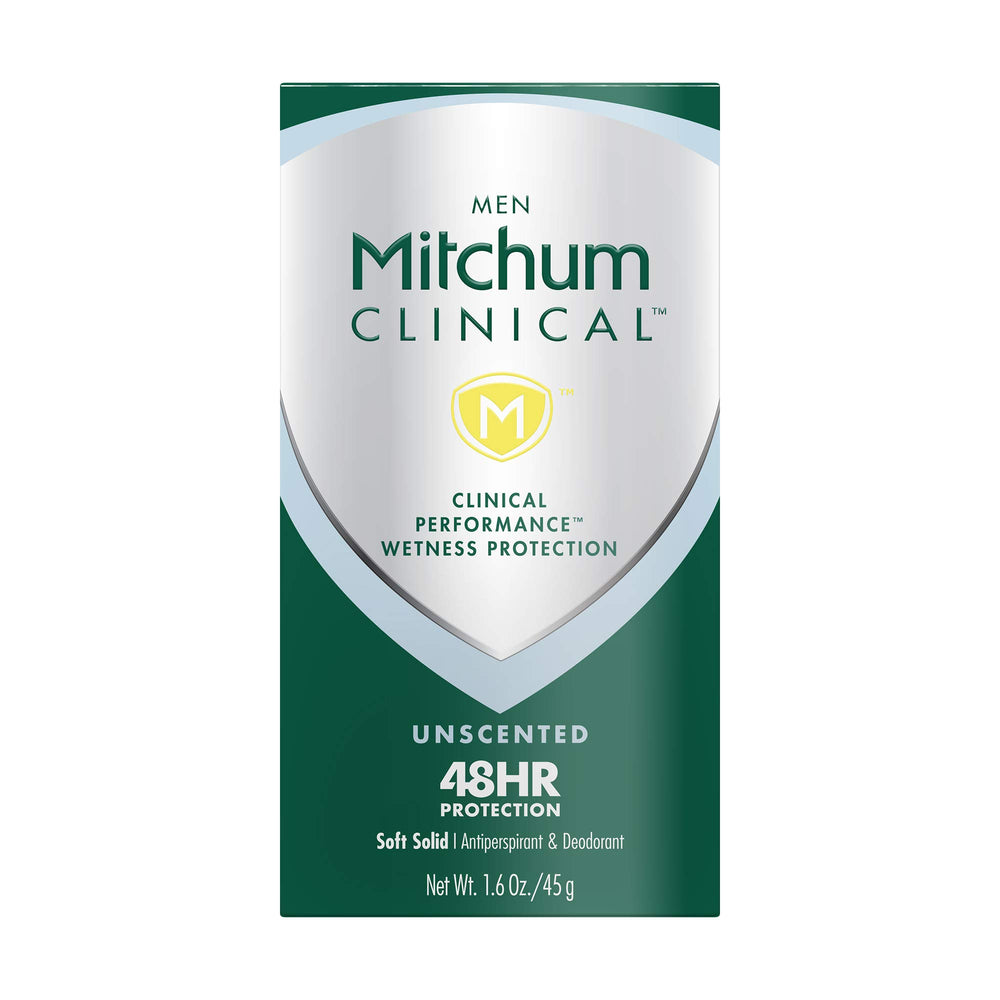 Mitchum Clinical Soft Solid Deodorant Stick unscented close-up shows unscented protection.