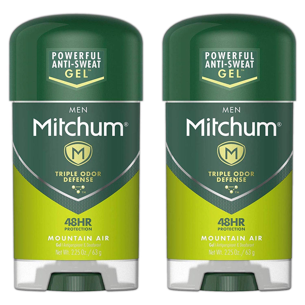 Mitchum Mountain Air clear gel packaging with a 2-pack display and long-lasting protection.
