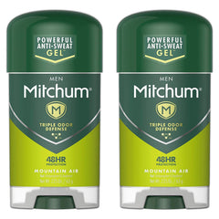 Mitchum Mountain Air clear gel packaging with a 2-pack display and long-lasting protection.