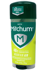 Mitchum Mountain Air gel deodorant 3.4 oz bottle close-up for everyday use.