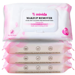 mivida hypoallergenic makeup wipes packfront shows a fragrance-free, gentle cleansing option.