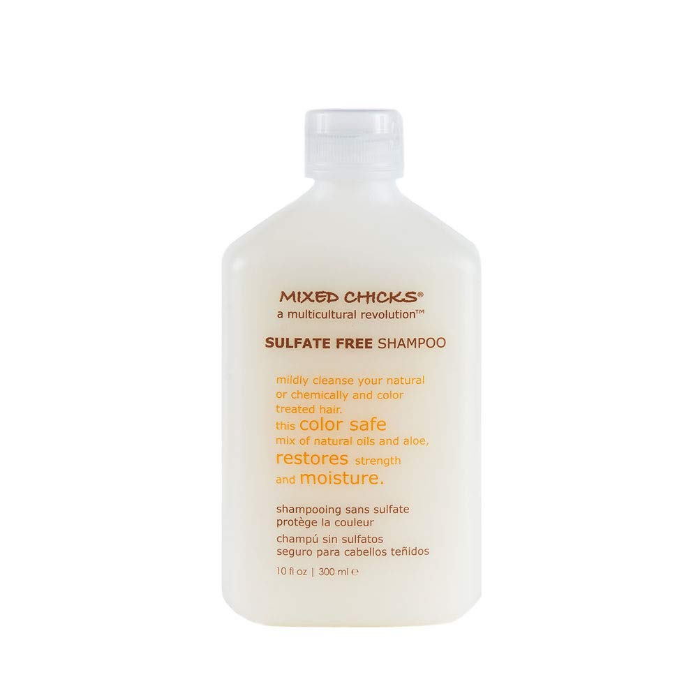 Mixed Chicks sulfate-free shampoo bottle closeup, gentle cleanse for color-treated hair.