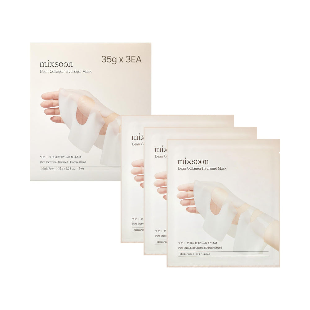 mixsoon Bean Collagen Hydrogel Mask pack closeup showcasing convenient three-pack hydration ritual