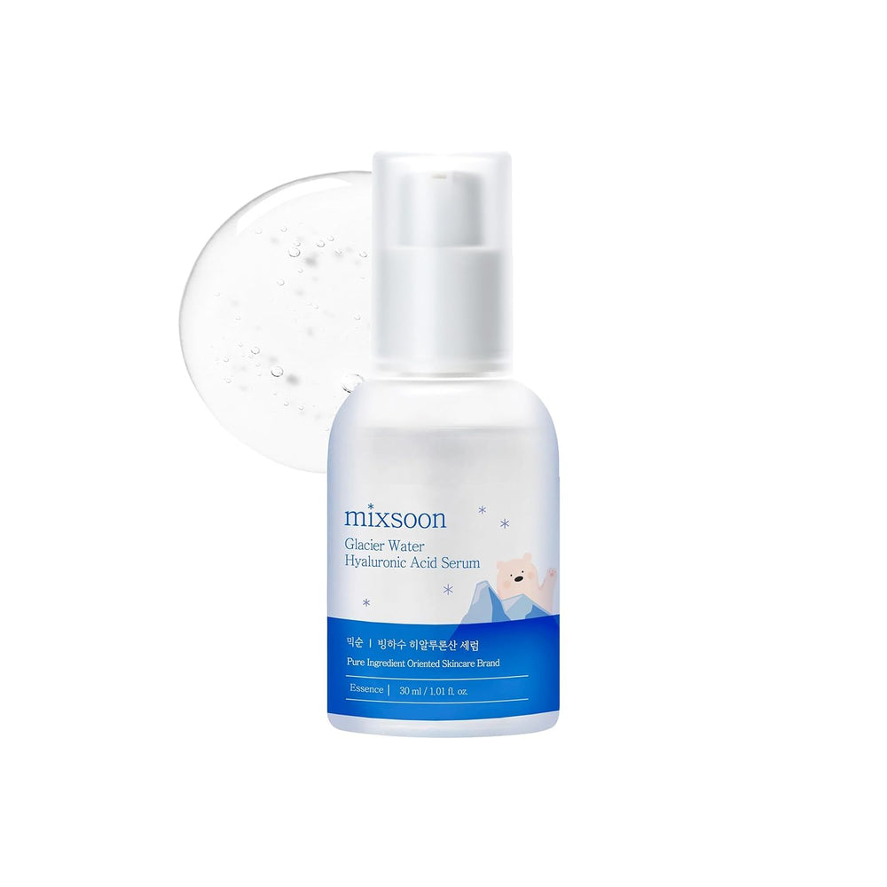Mixsoon glacier-water-serum bottle closeup for hydration boost.
