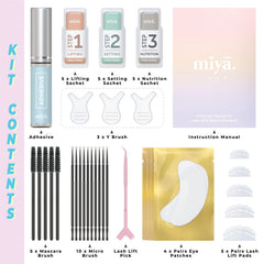 MIYA LASH lash lift lotions packaging showing fast-acting perming for efficient results.