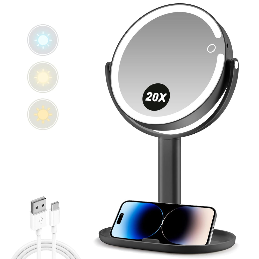 MIYADIVA makeup mirror with lights front view showing 1x/20x magnification for precision grooming