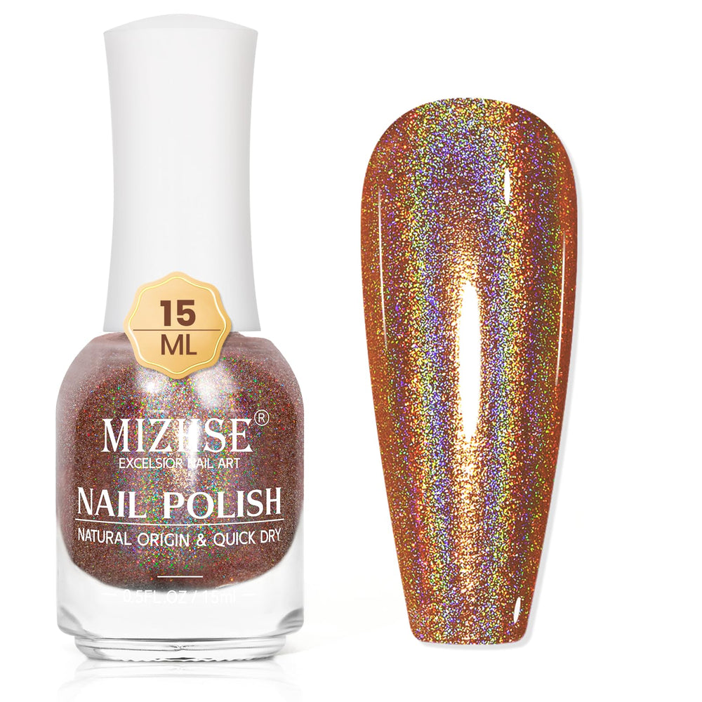 MIZHSE holographic nail polish bottle with brush revealing iridescent shimmer for fall color