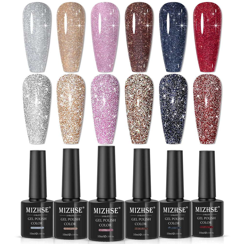 MIZHSE reflective glitter gel nail polish kit six colors for versatile at home manicure