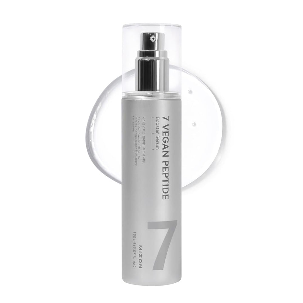 MIZON 7-Peptide Booster Serum bottle close-up highlighting hydration potential.