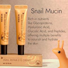 MIZON Snail Line Eye Cream with snail mucus filtrate ingredient list accent.