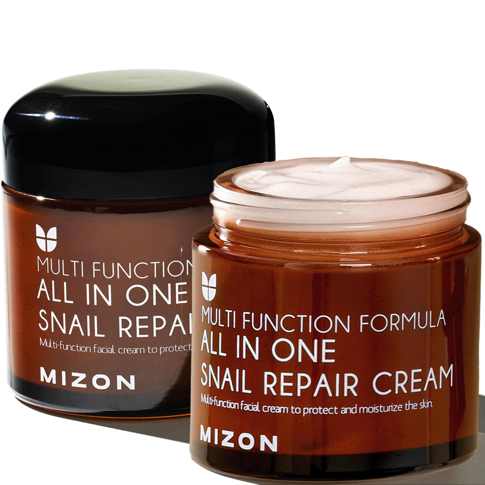 MIZON snail repair cream pack shows two jars for daily hydration and repair