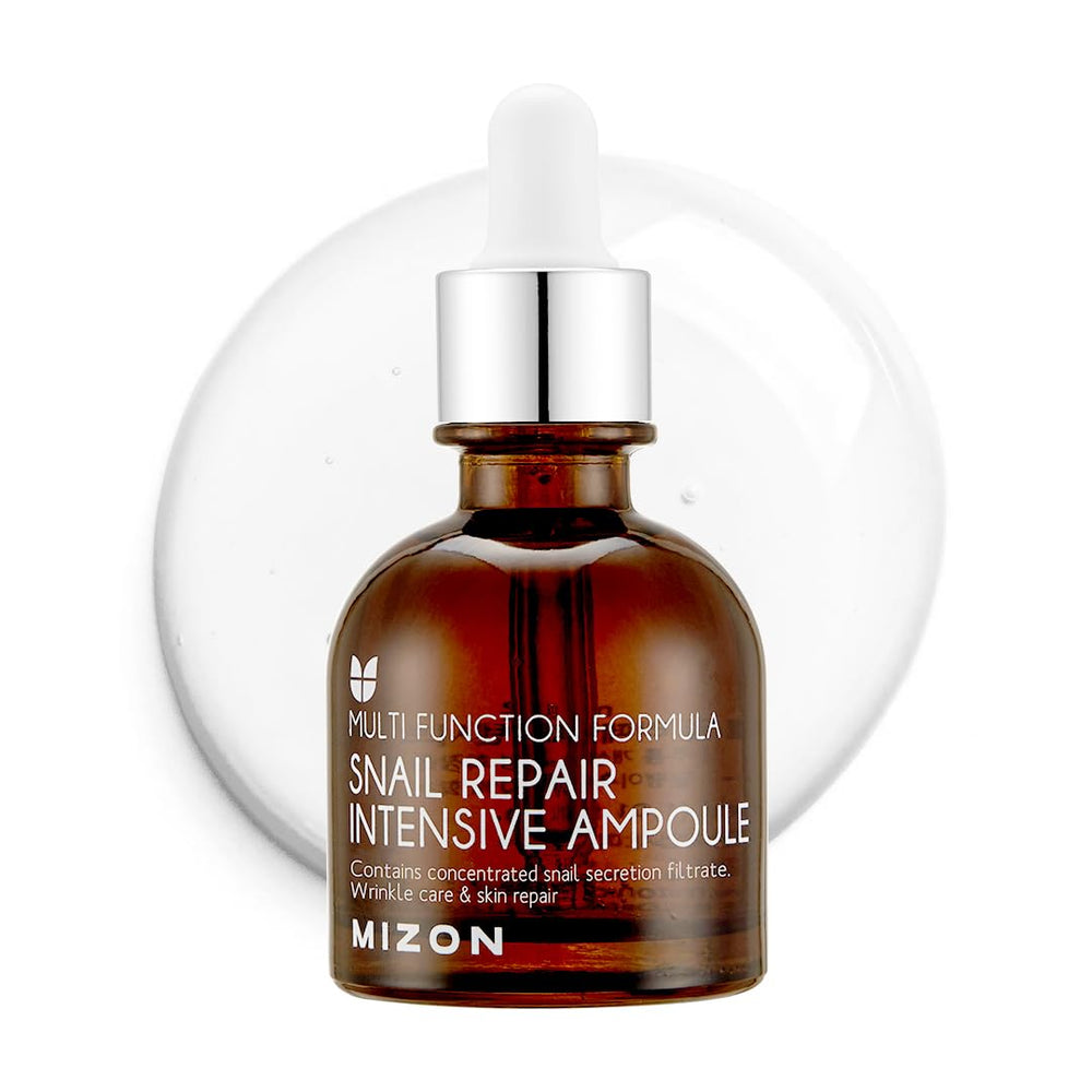 MIZON Snail Repair Intensive Ampoule bottle showing hydrating glow.
