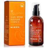 MIZON Snail Repair Intensive Essence bottle close-up highlighting hydrating snail mucin benefits.