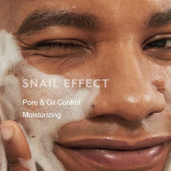 MIZON Snail Repairing Foam Cleanser pore care closeup highlights gentle exfoliation benefits.