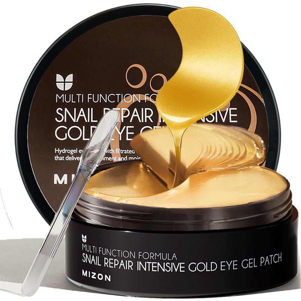 MIZON under-eye patches gold snail closeup shows hydration and resilience potential.