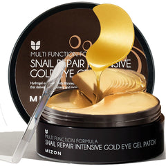 MIZON under-eye patches gold snail closeup shows hydration and resilience potential.