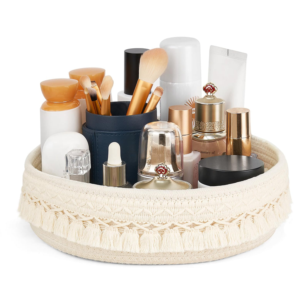 Mkono macrame makeup organizer on vanity keeps cosmetics accessible and stylish.